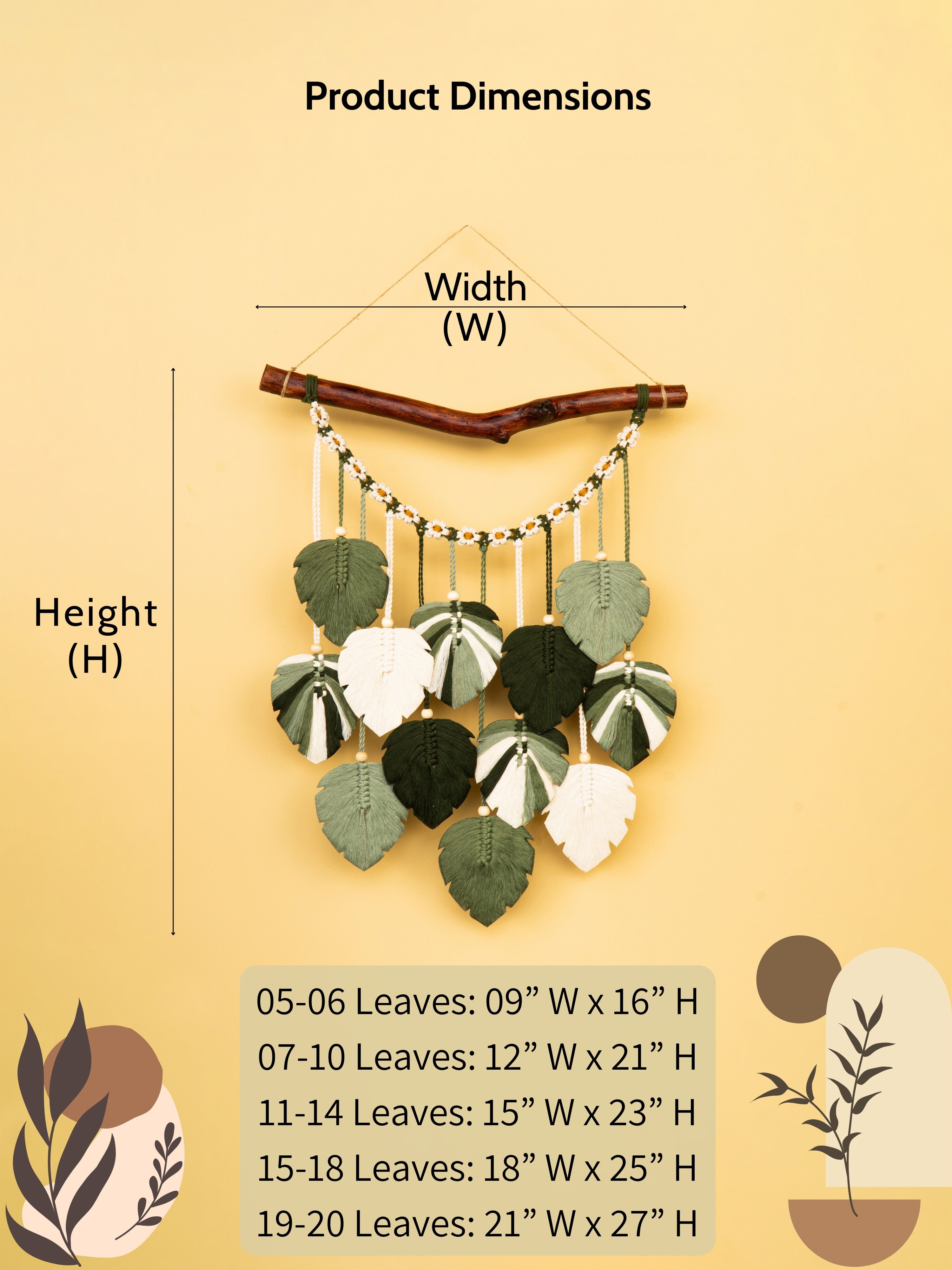 Decorative wall hanging with leaves and measurements on a beige background