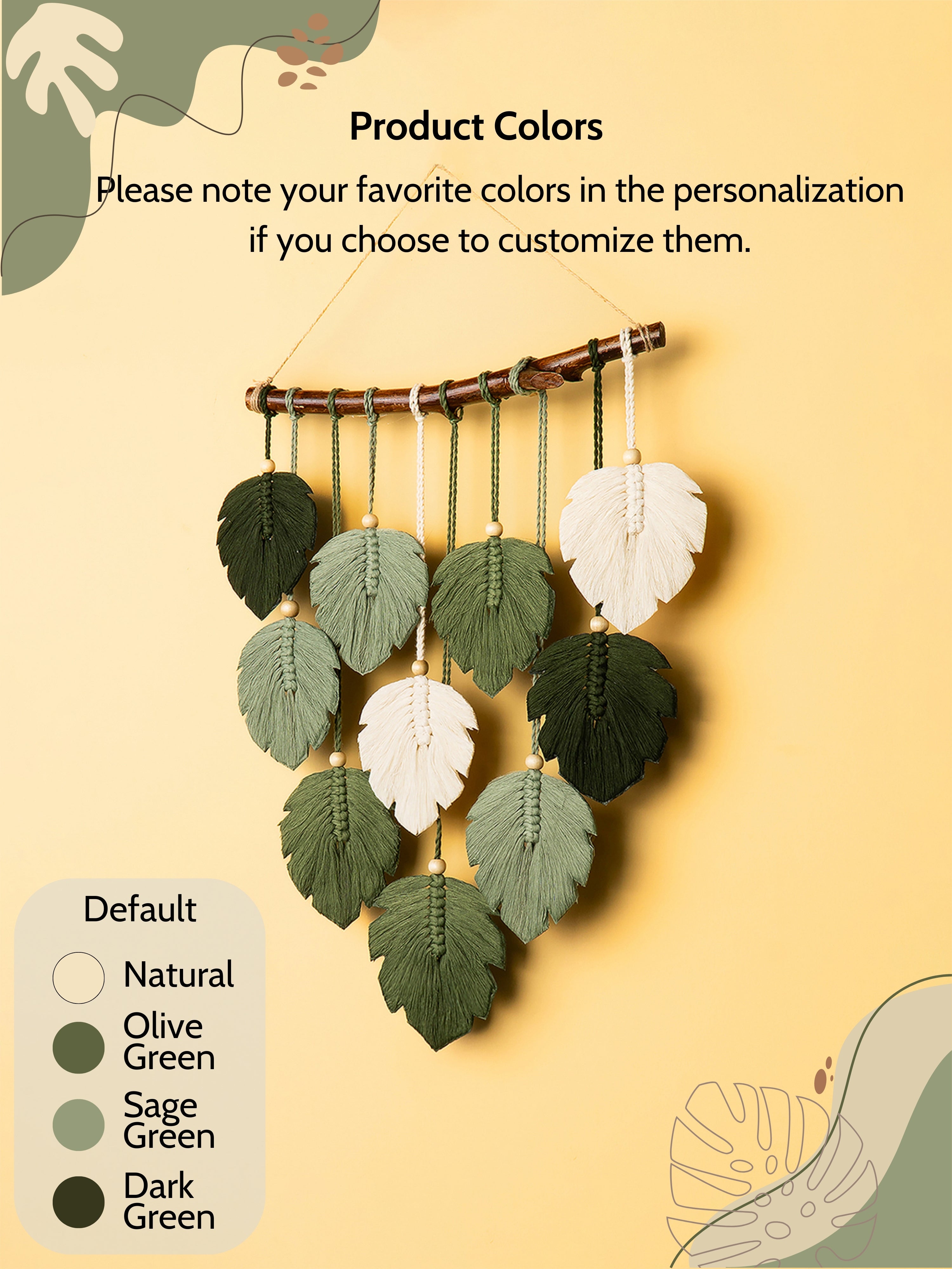 Decorative wall hanging with leaf-shaped ornaments on a yellow background