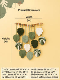 Decorative wall hanging with leaf patterns and product dimensions on a beige background