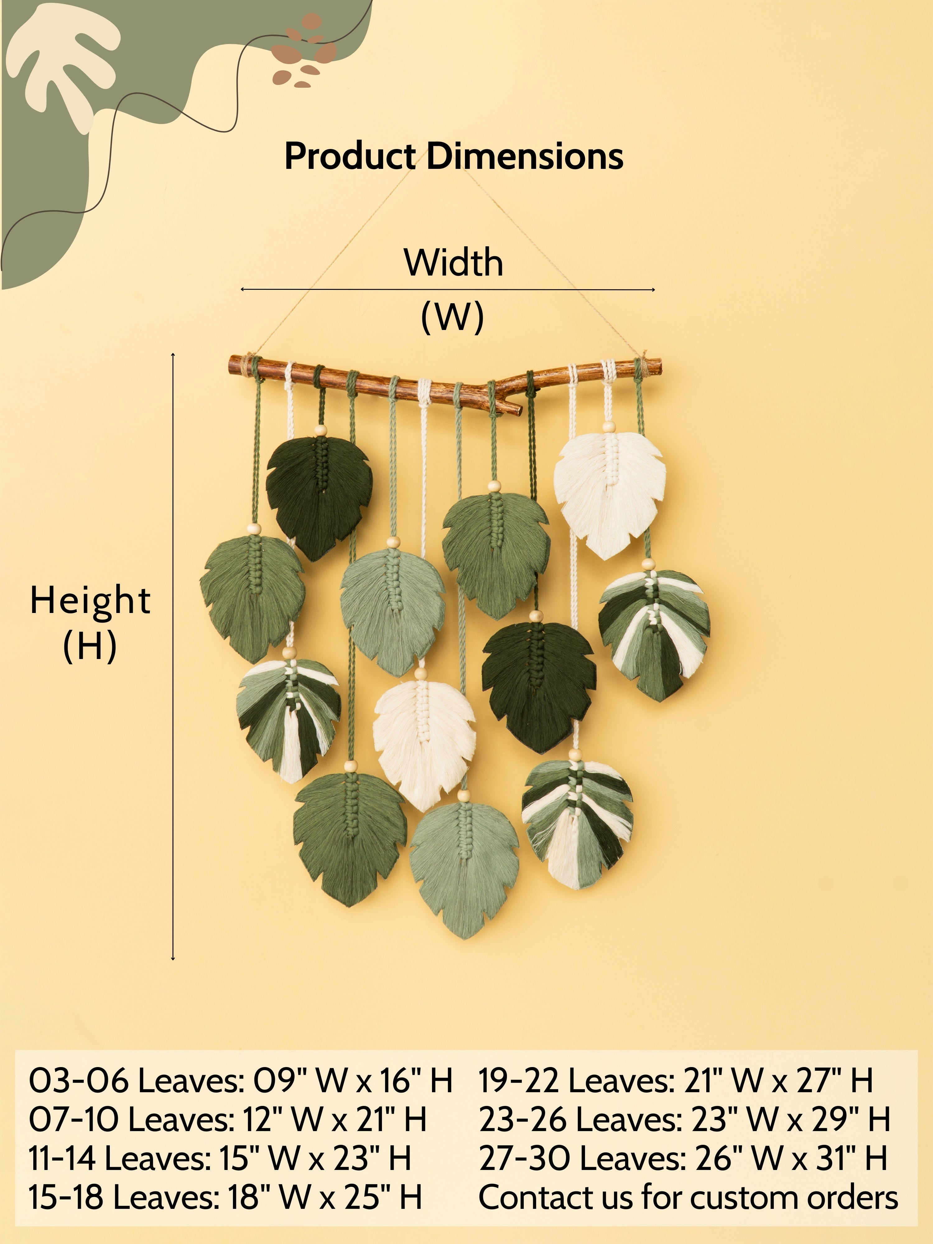 Decorative wall hanging with leaf patterns and product dimensions on a beige background