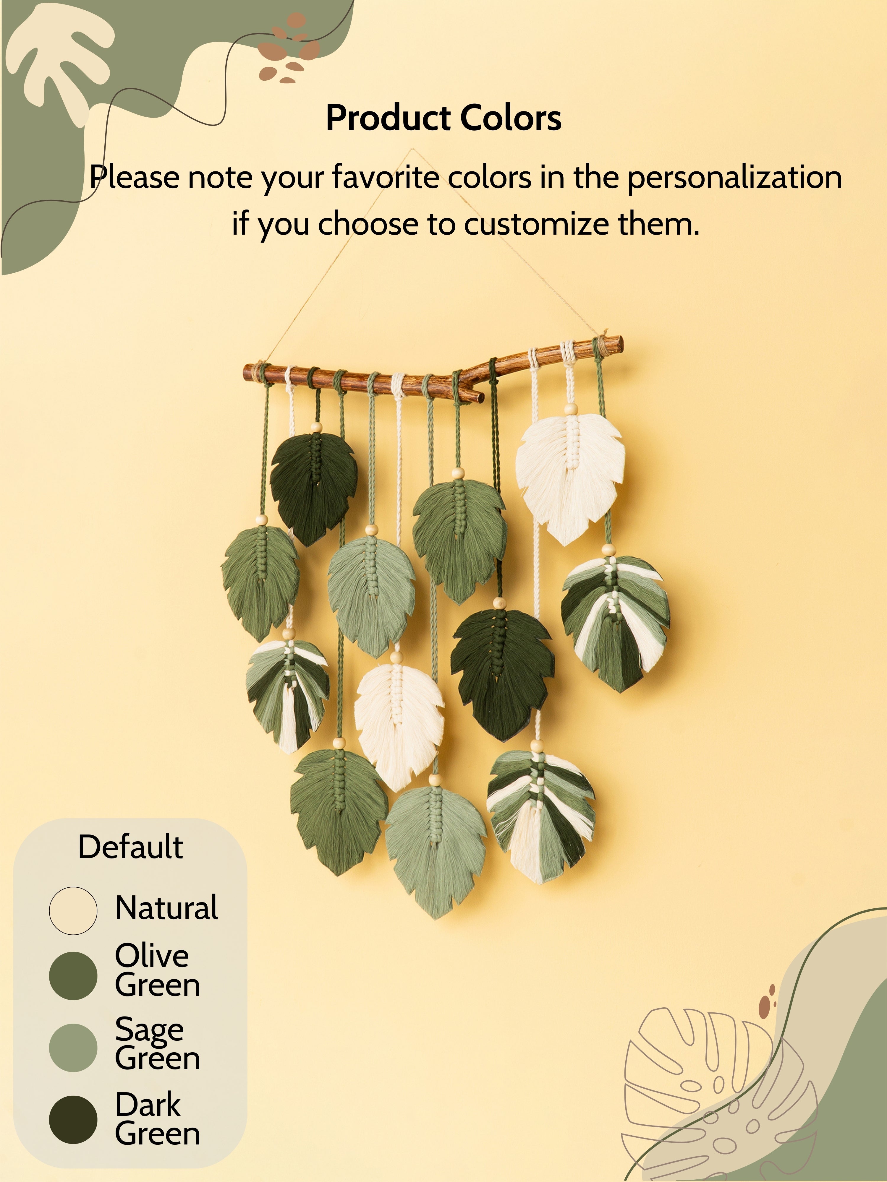 Decorative wall hanging with leaf-shaped ornaments on a yellow background