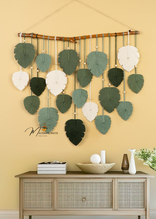 Elodie forest green macramé leaf wall hanging - bohemian hand-knotted cotton home decor