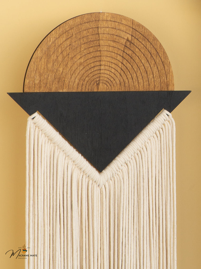 Decorative wall art with wooden texture and geometric design on a gold background