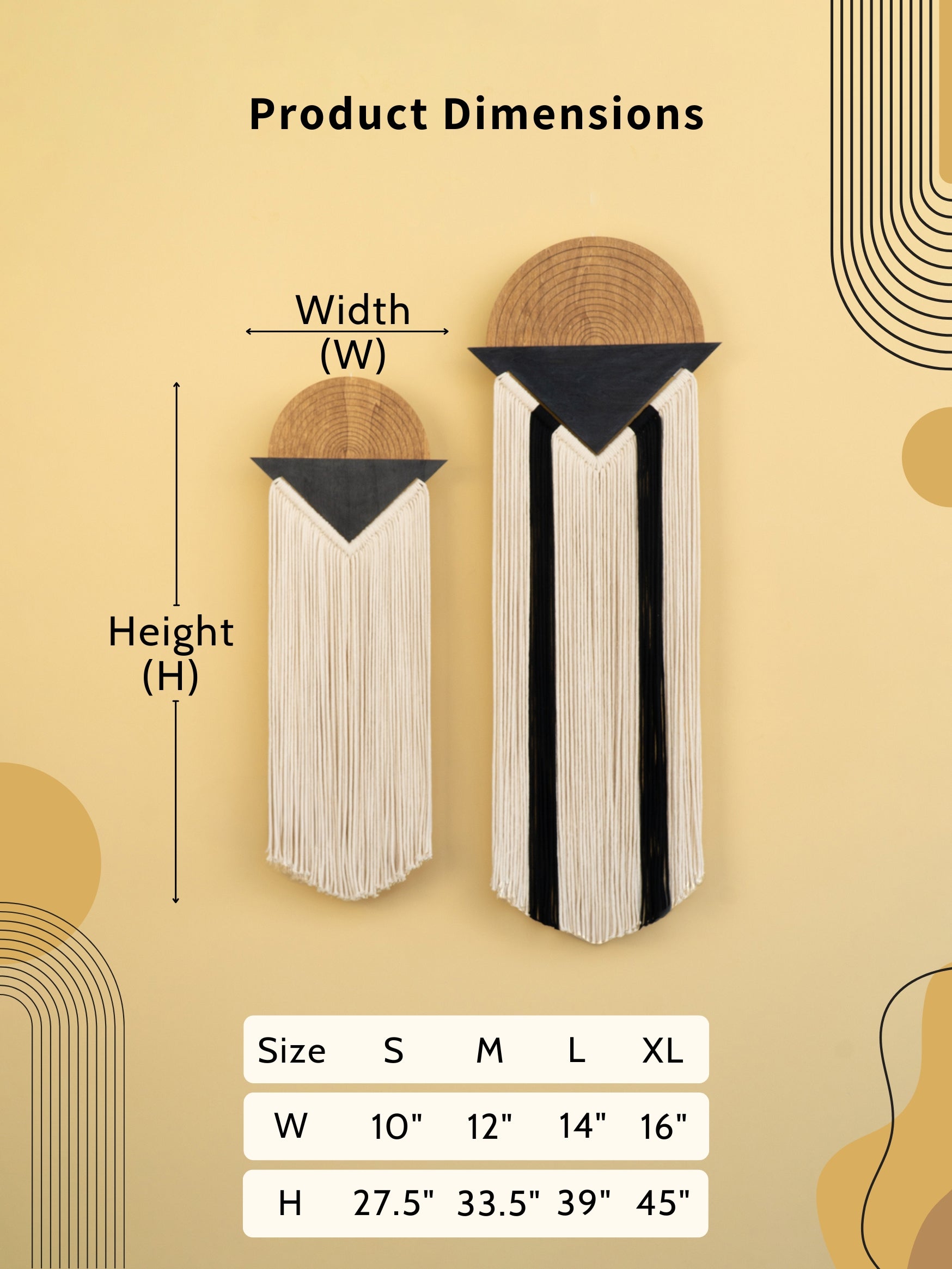 Product dimensions chart for wall art with measurements on a beige background