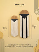 Two yarn wall art styles on a beige background with text inviting customization.