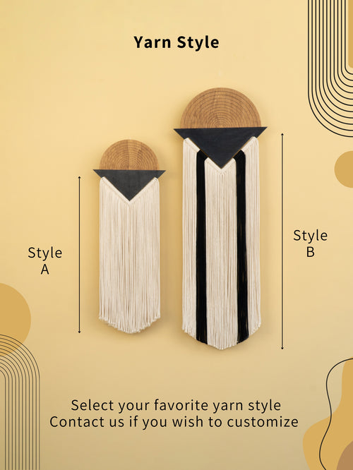Two yarn wall art styles on a beige background with text inviting customization.