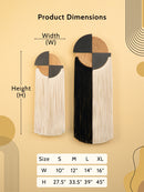 Product dimensions chart with geometric wall art pieces on a beige background