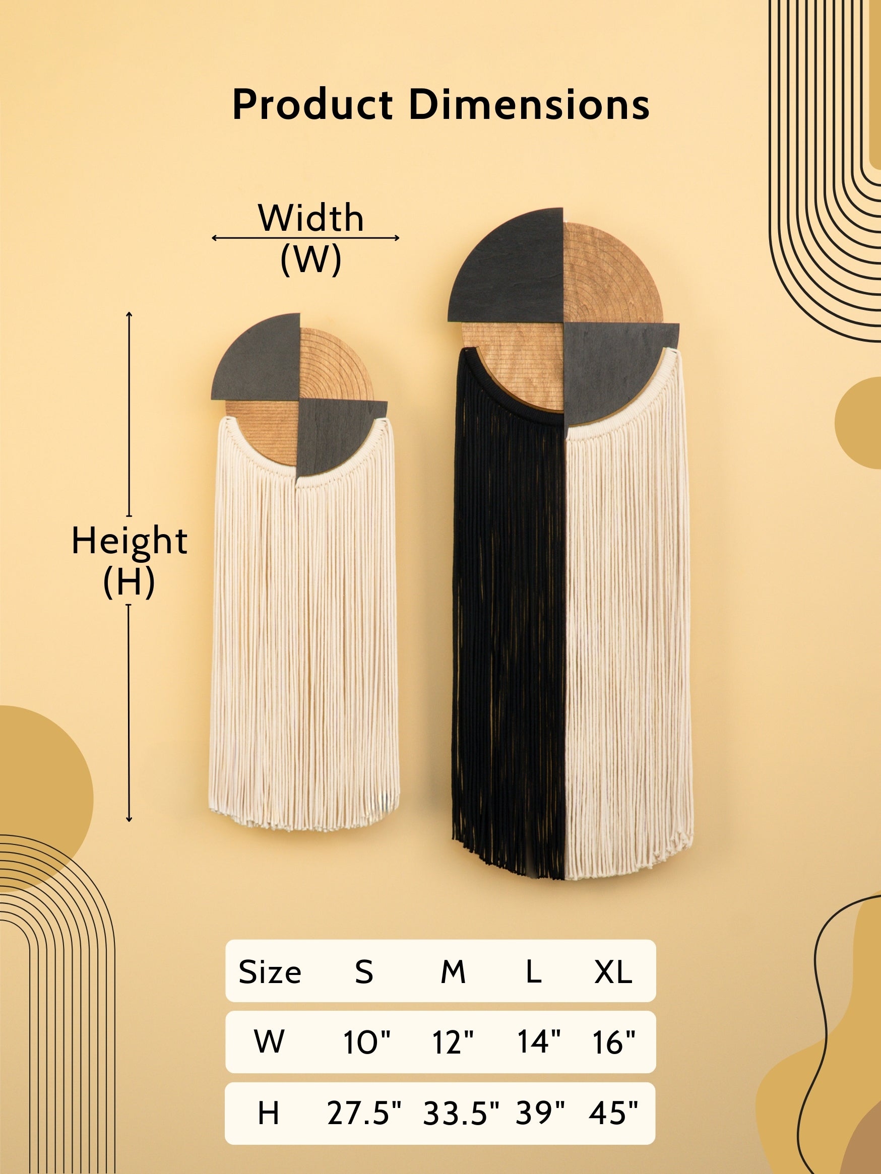 Product dimensions chart with geometric wall art pieces on a beige background