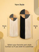 Two yarn styles labeled A and B on a beige background with geometric shapes.