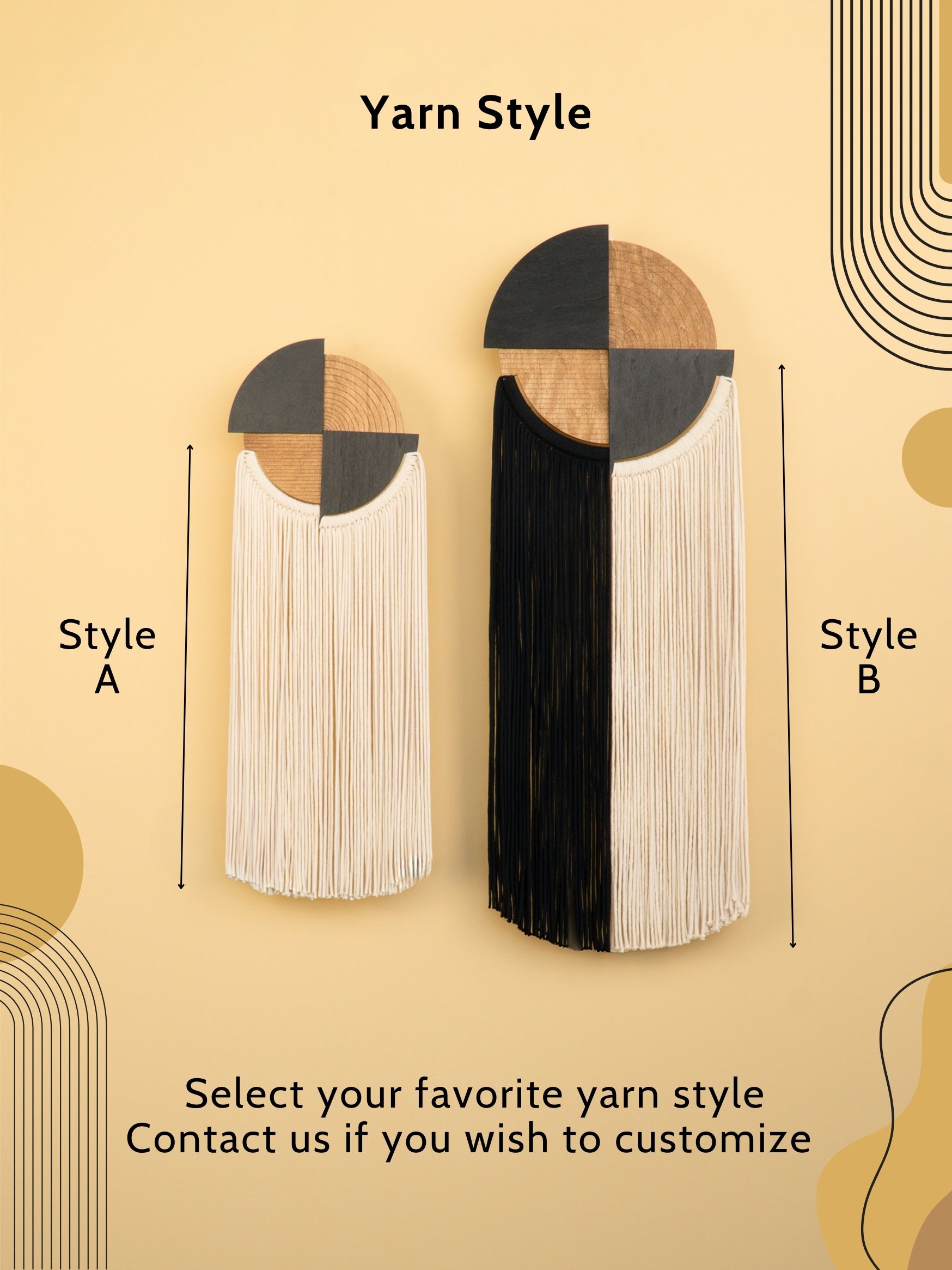 Two yarn styles labeled A and B on a beige background with geometric shapes.