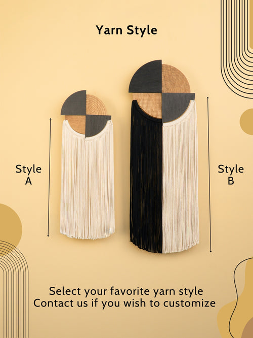 Two yarn styles labeled A and B on a beige background with geometric shapes.