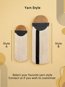 Two yarn style options labeled A and B on a beige background with text inviting customization.