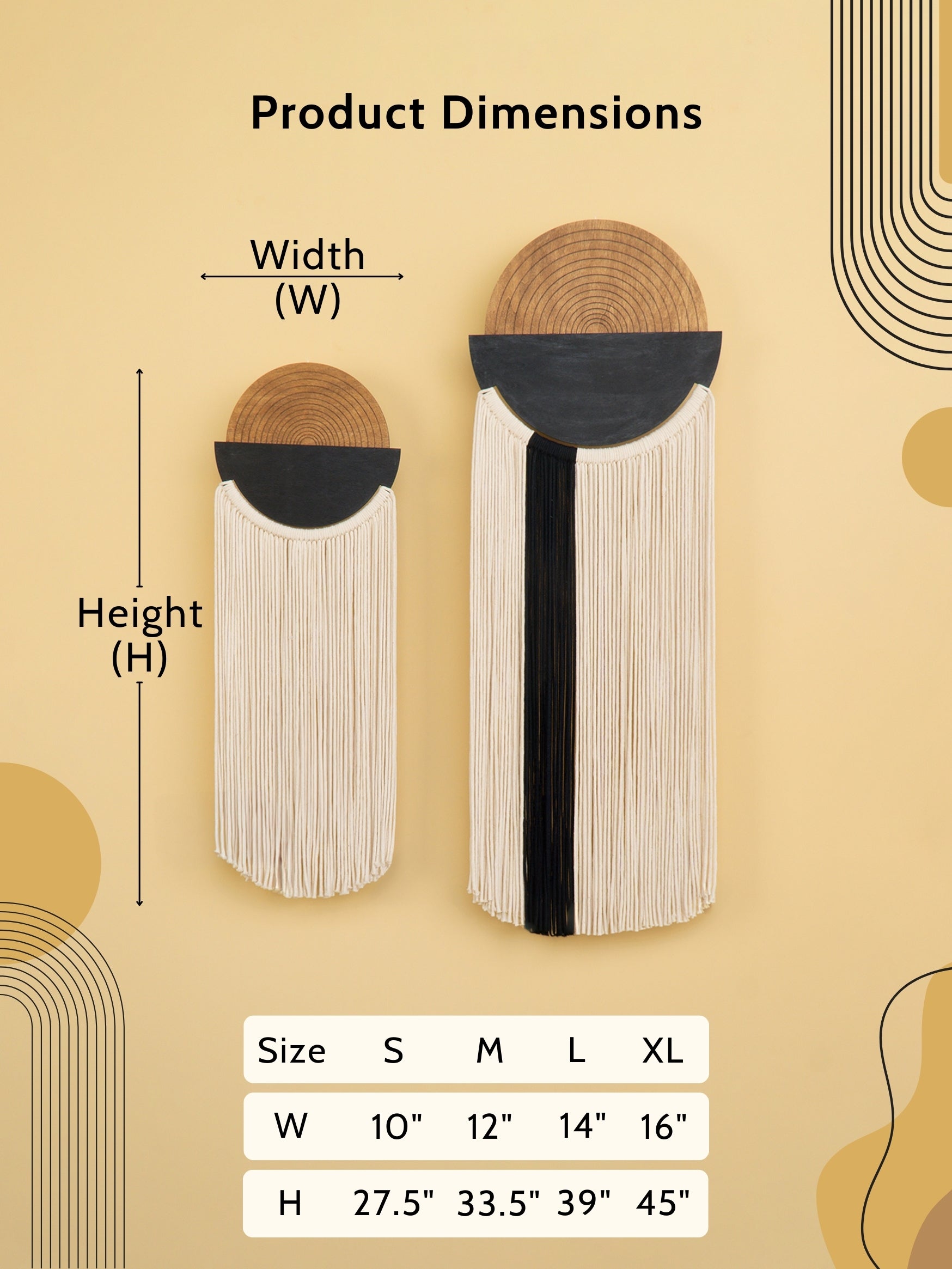 Product dimensions chart with wooden wall decor pieces on a beige background