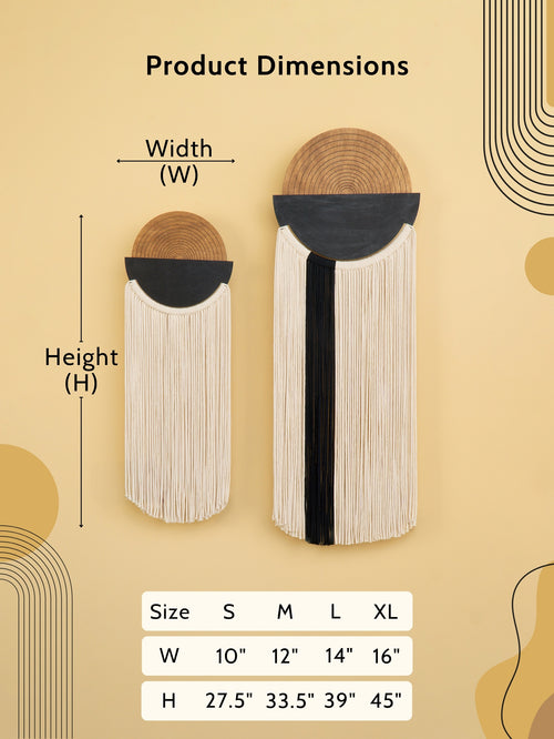 Product dimensions chart with wooden wall decor pieces on a beige background