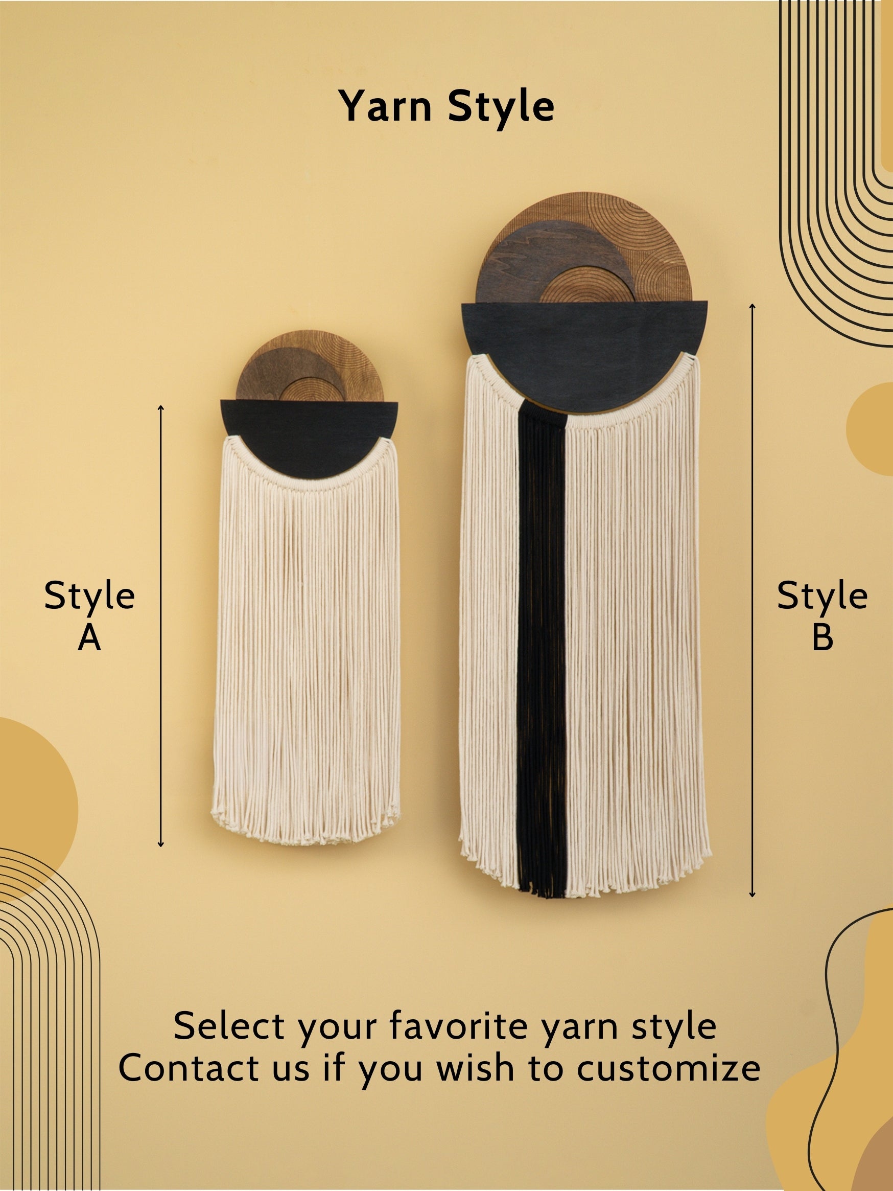 Two wall art pieces with different yarn styles on a beige background