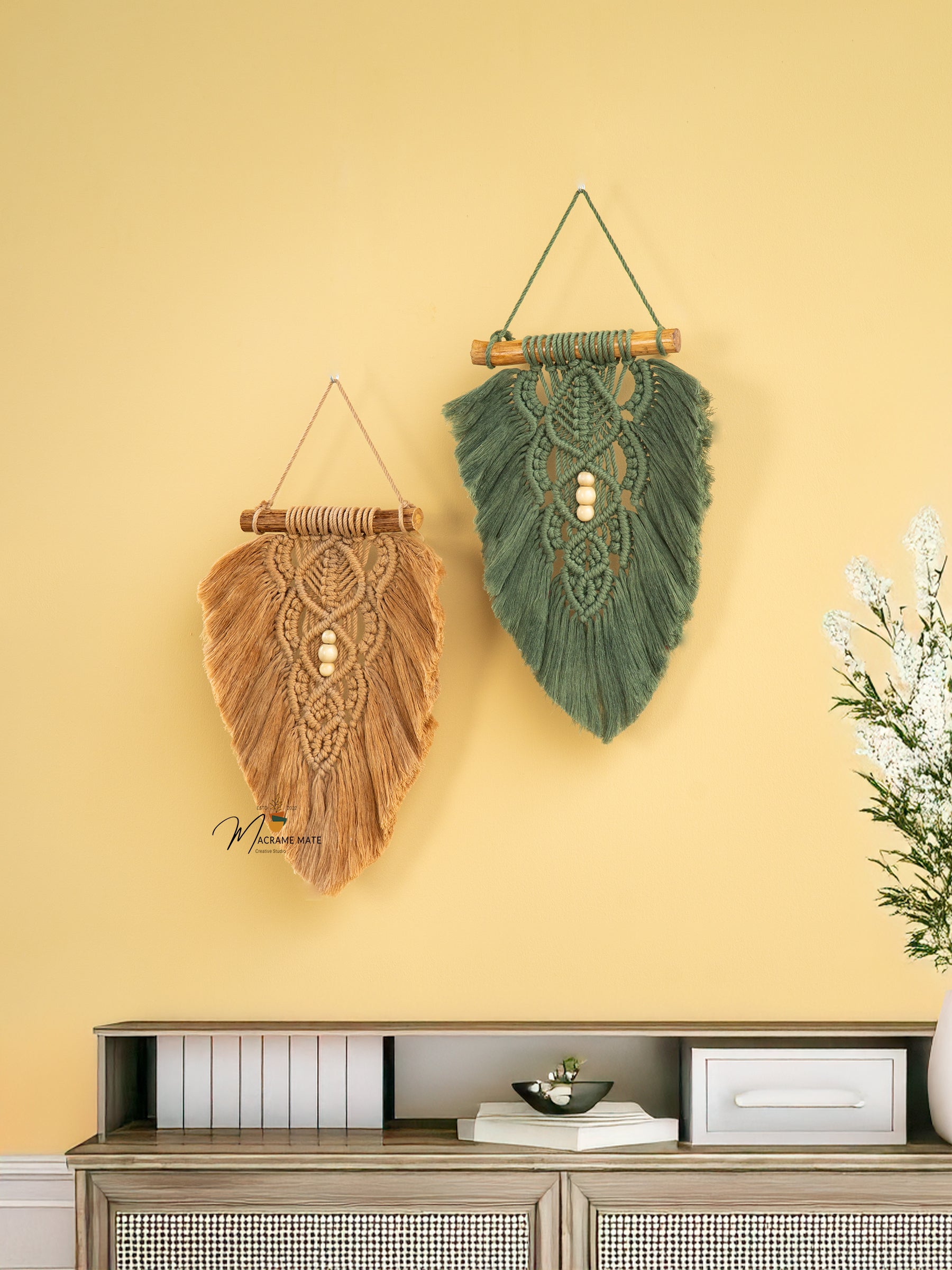 Boho macrame leaf art, perfect for simple or stylish homes    
