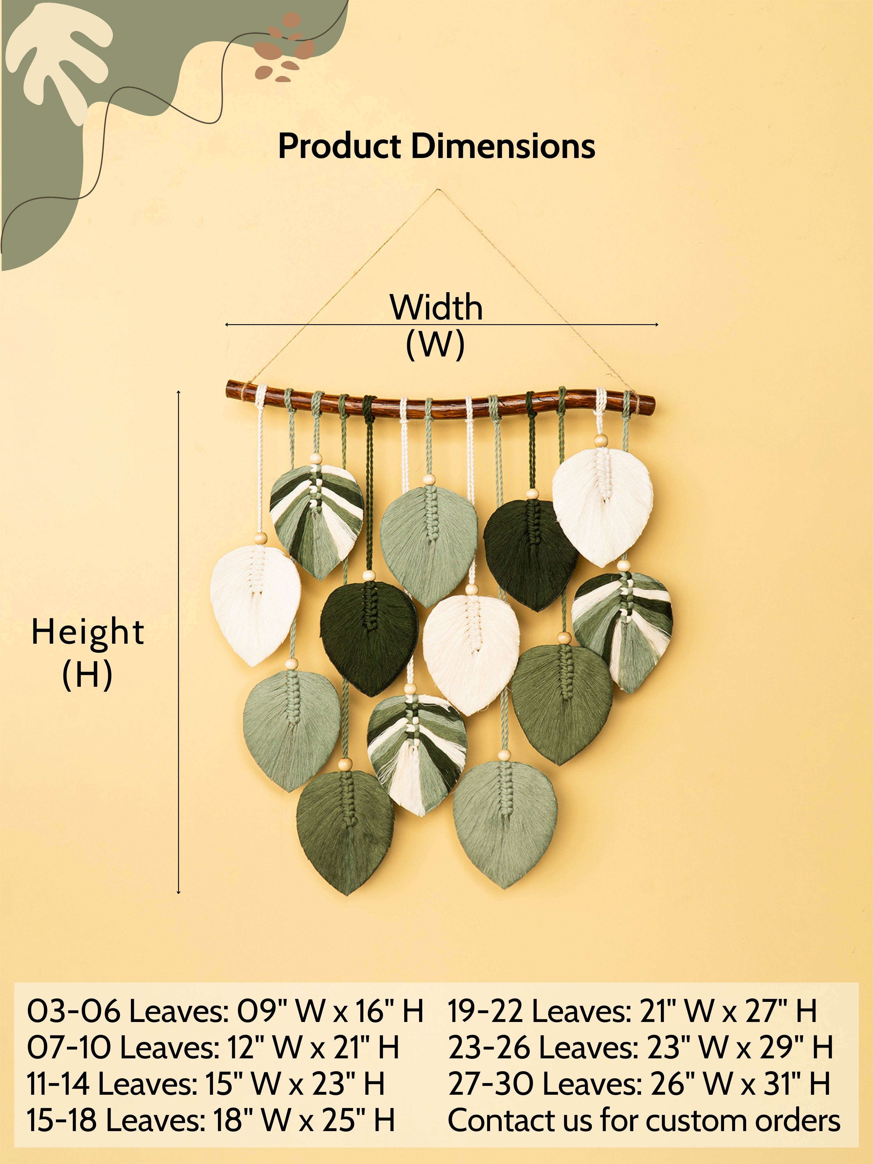 Wall hanging with leaf designs and dimensions on a beige background