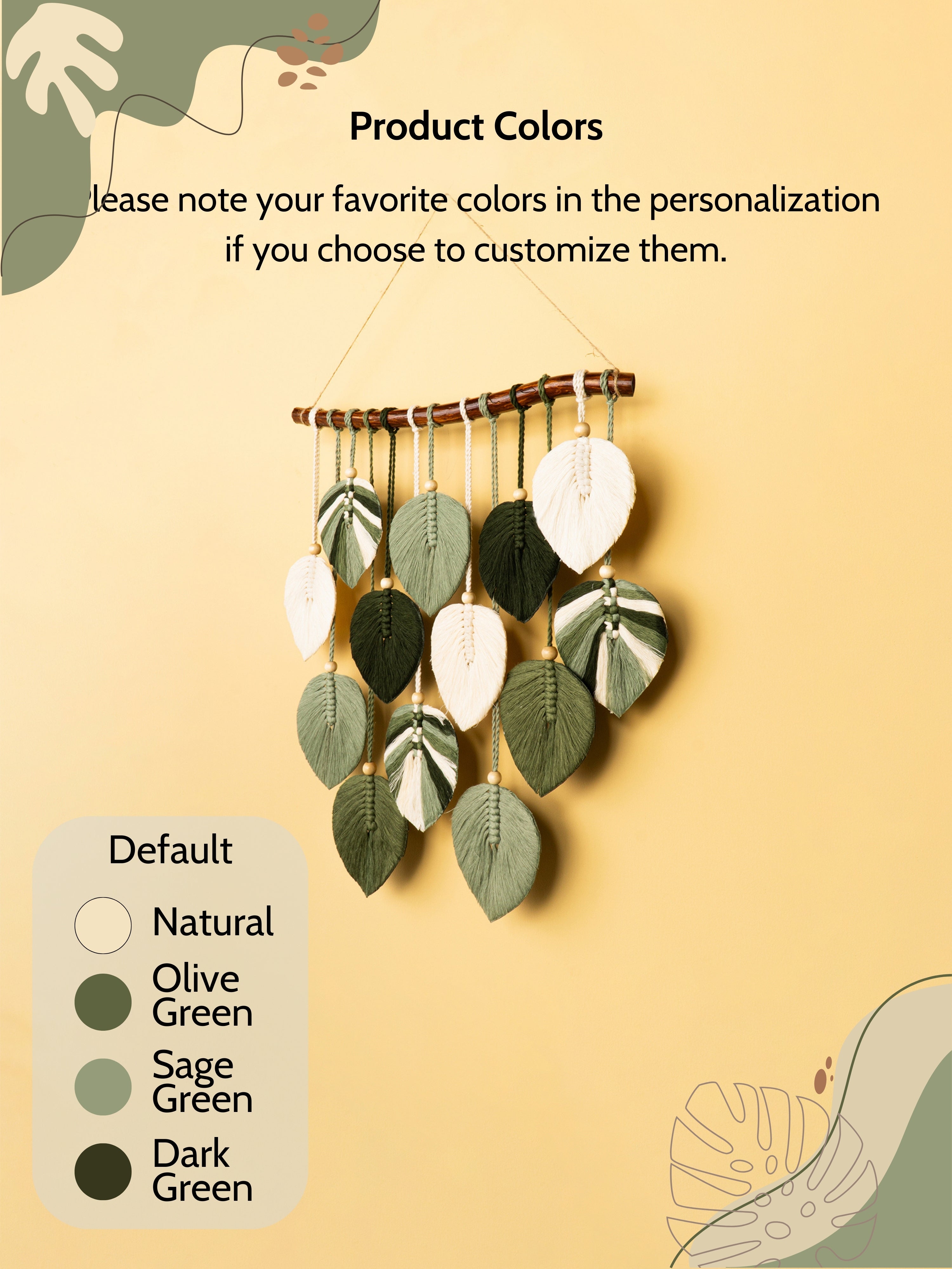 Decorative wall hanging with leaf-shaped beads on a beige background, featuring color swatches for customization.