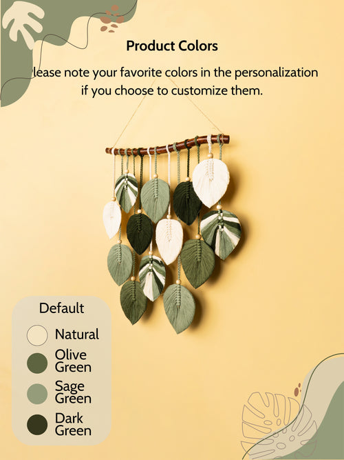 Decorative wall hanging with leaf-shaped beads on a beige background, featuring color swatches for customization.