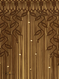 Decorative wall with intricate leaf patterns and hanging lights