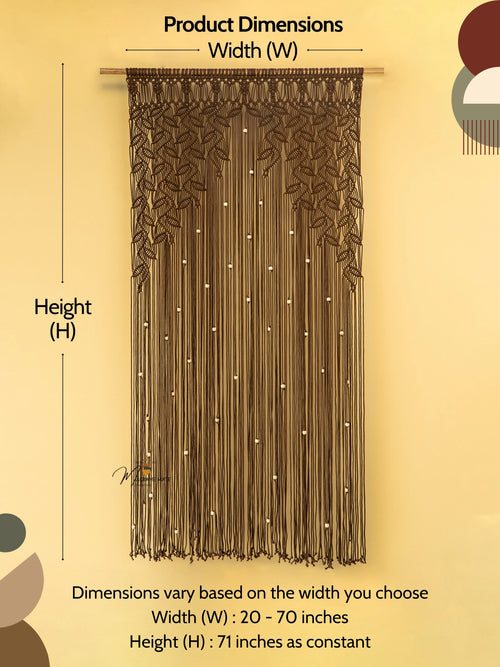 Brown beaded curtain with dimensions labeled on a beige background