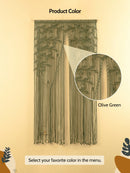 Olive green macrame wall hanging with a close-up detail on a beige background