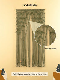 Olive green macrame wall hanging with a close-up detail on a beige background