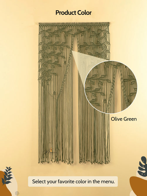 Olive green macrame wall hanging with a close-up detail on a beige background