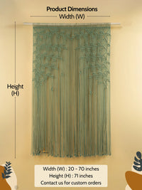 Green string curtain with dimensions on a beige background