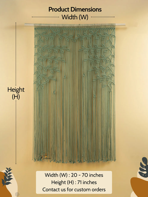 Green string curtain with dimensions on a beige background
