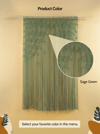 Sage green woven curtain on a beige background with close-up detail.