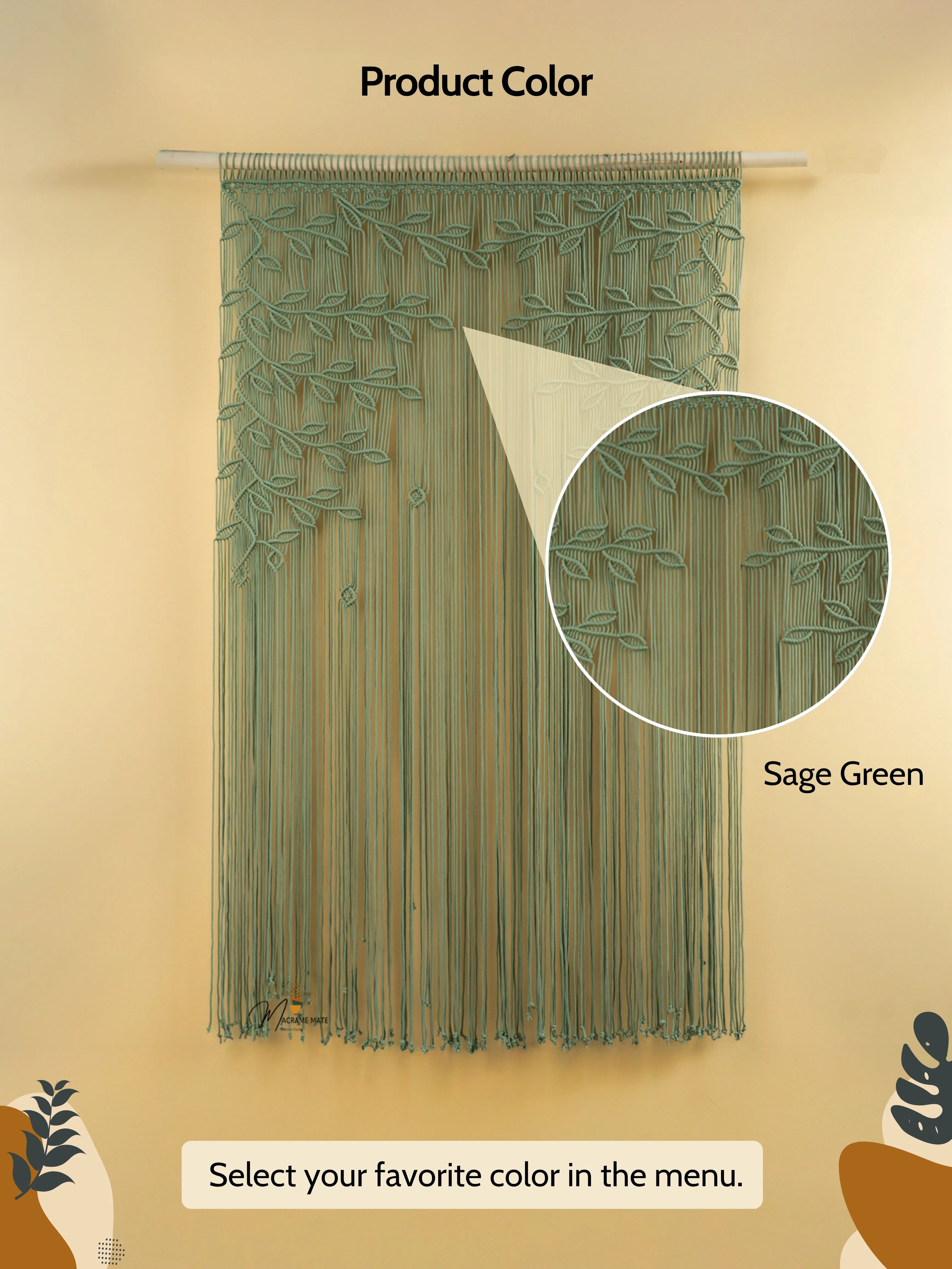 Sage green woven curtain on a beige background with close-up detail.