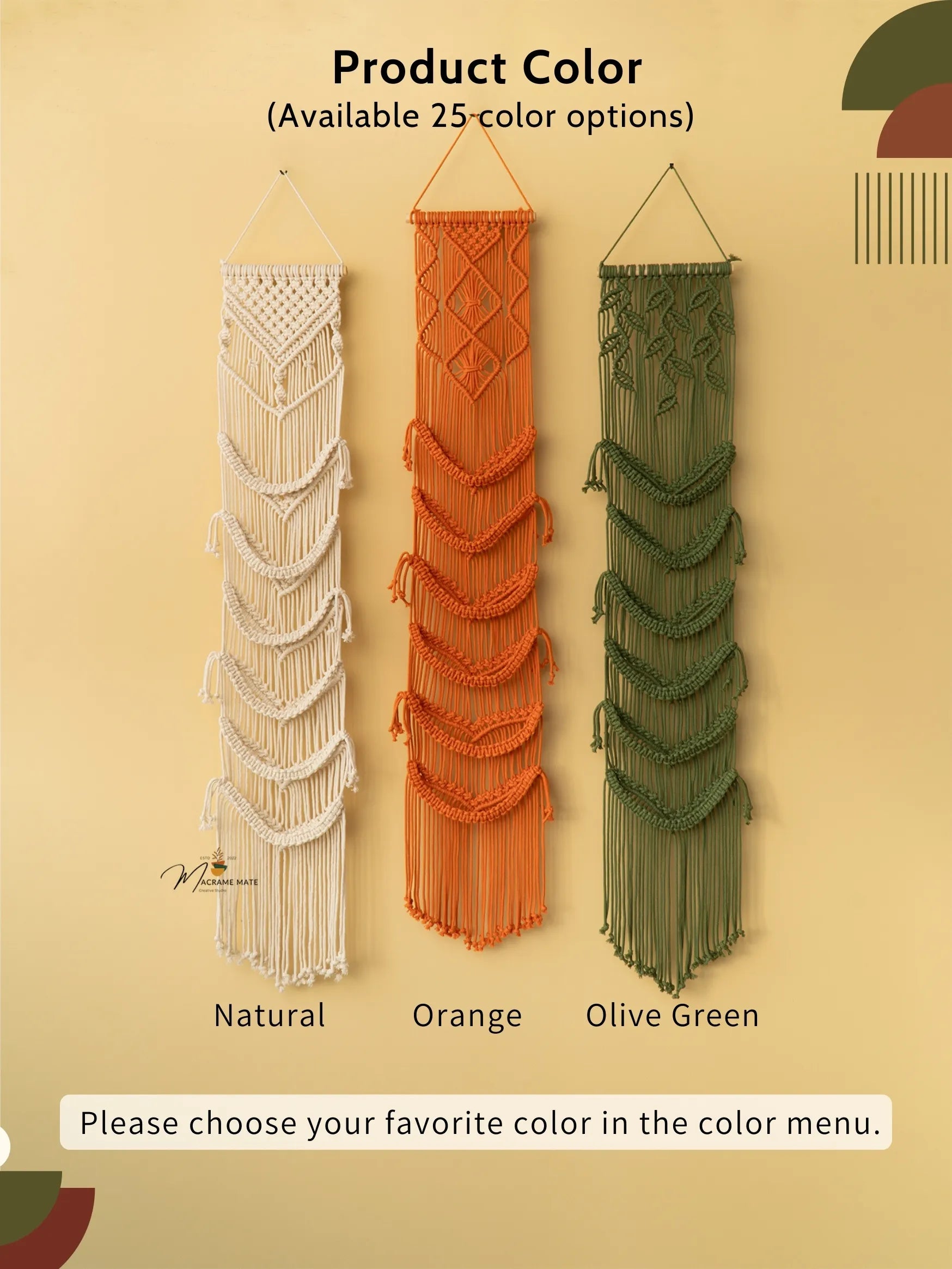 Three macrame wall hangings in natural, orange, and olive green on a beige background.