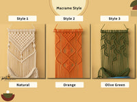 Three macrame wall hangings in different styles and colors on a beige background.