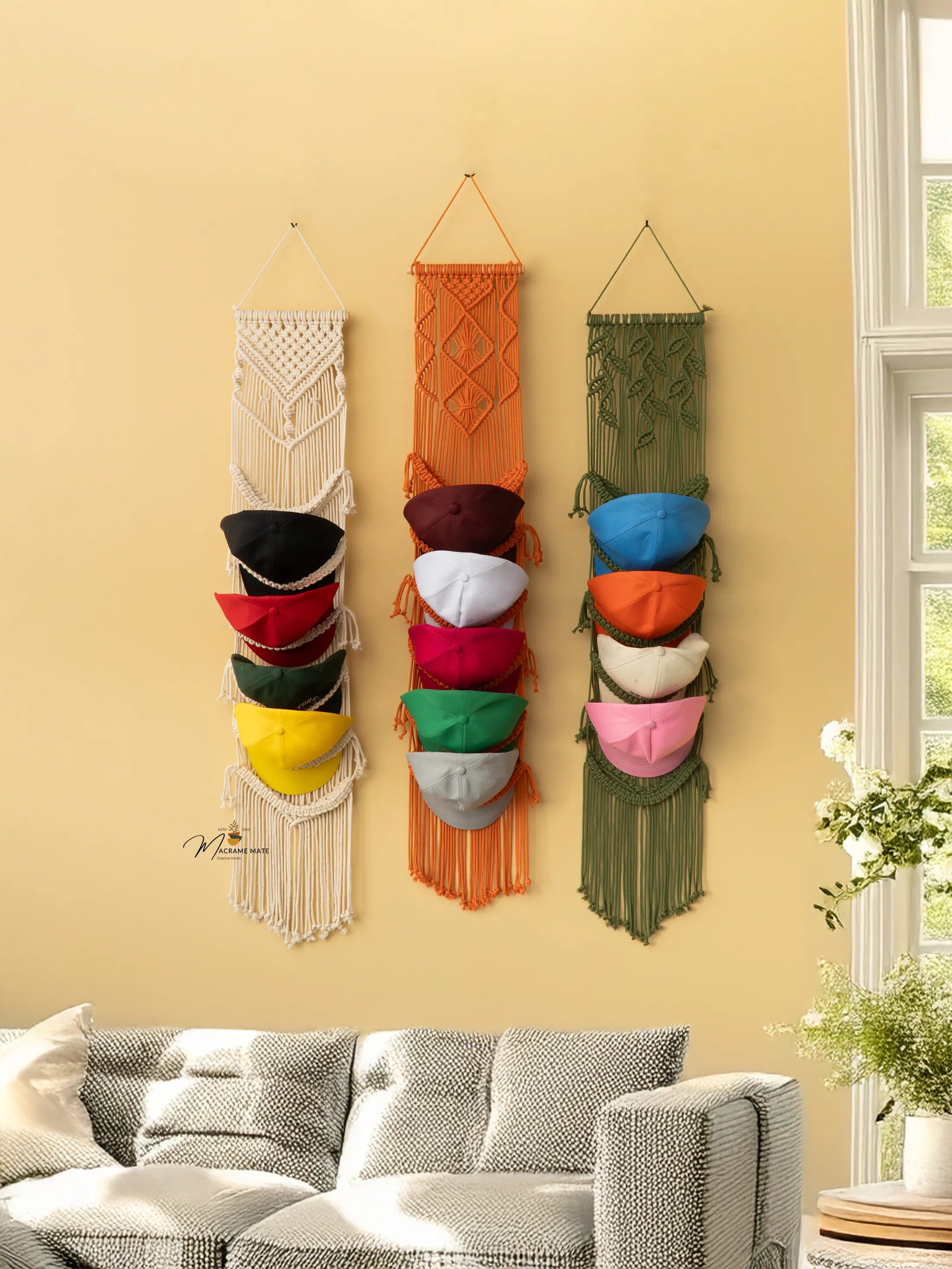 Colorful wall hanging with multiple pouches against a beige wall.