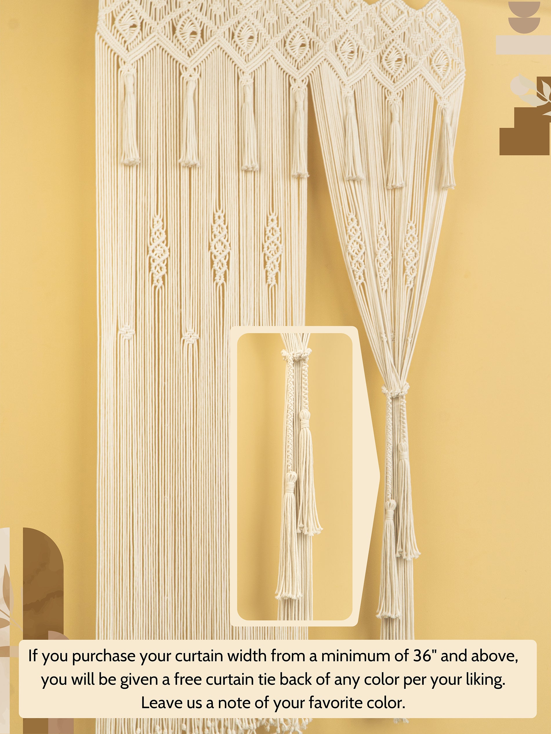 Macrame curtain with decorative elements on a yellow background