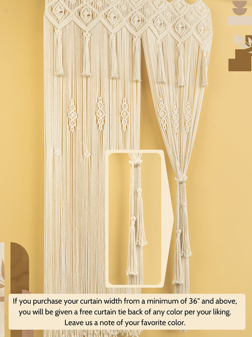 Macrame curtain with decorative elements on a yellow background