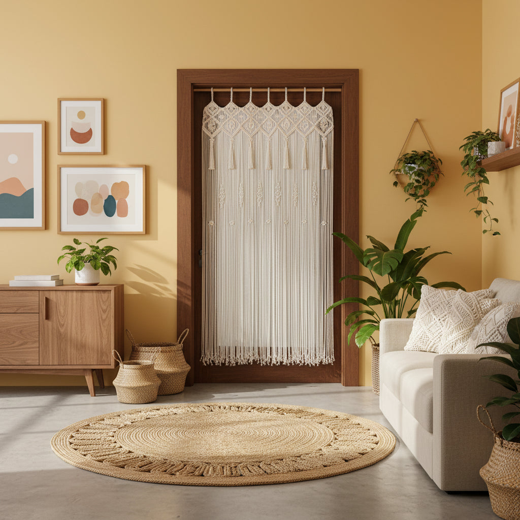 Living room with a macrame door hanging, round jute rug, and wooden furniture.