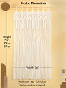 Macrame wall hanging with dimensions indicated on a beige background