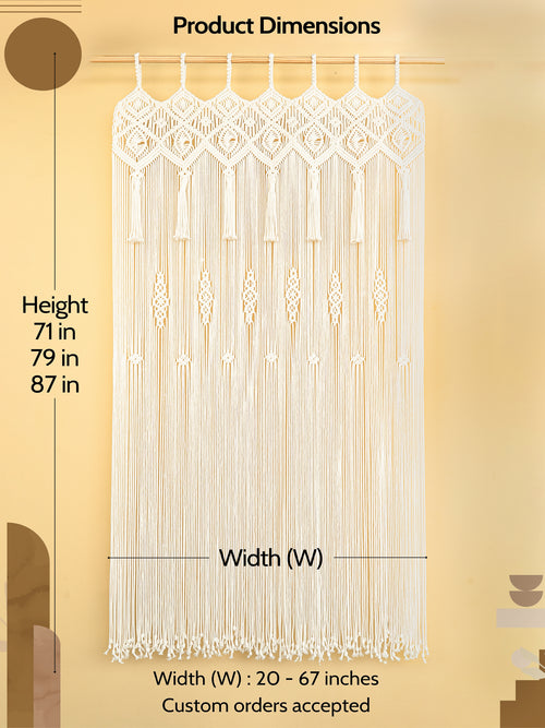 Macrame wall hanging with dimensions indicated on a beige background