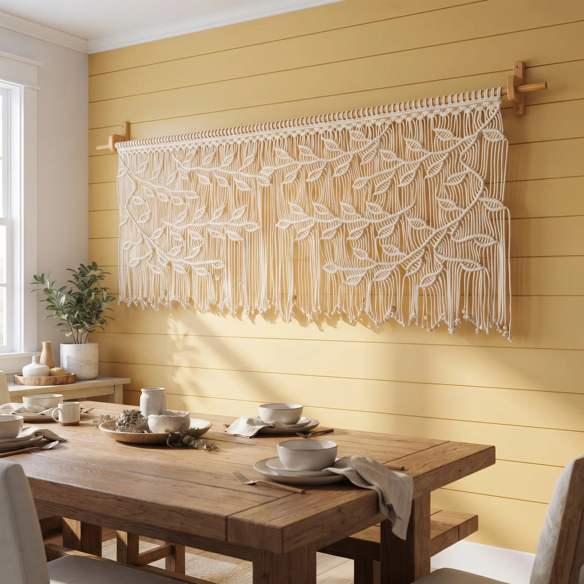 A large cream macrame wall hanging with leafy vine patterns is displayed on a wooden rod against a mustard yellow shiplap wall in a dining room setting with a rustic wooden table and chairs.