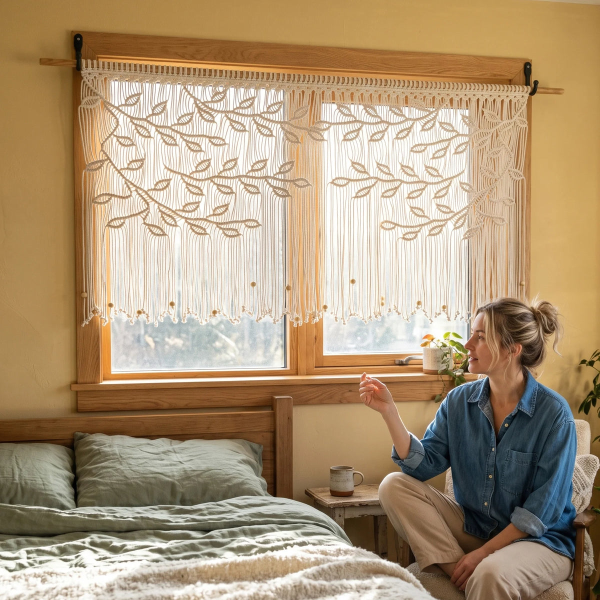 A woman in a beige sweater and matching pants hangs a large woven wall tapestry on a yellow wall above a wooden console table. The tapestry is olive green with embroidered pink leaves and white dots.