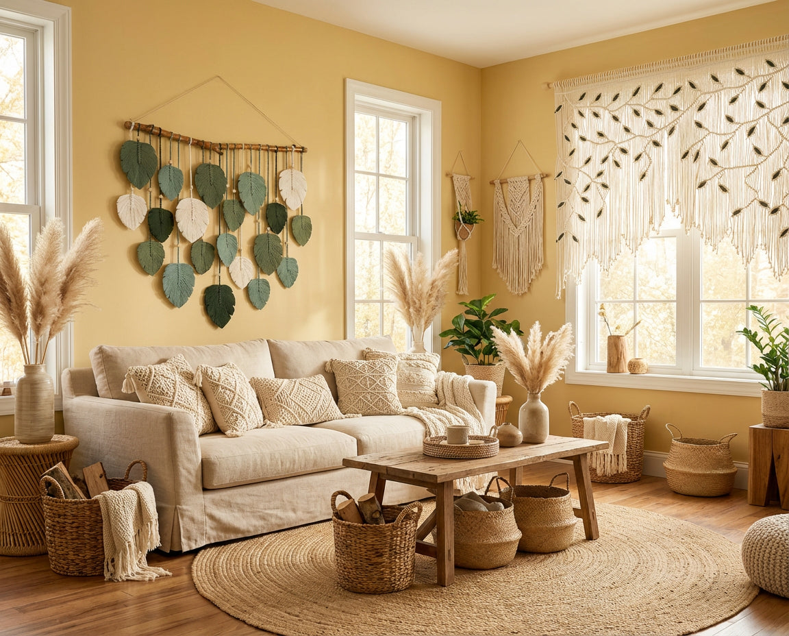 Cozy living room with beige sofa, wooden coffee table, and decorative elements.