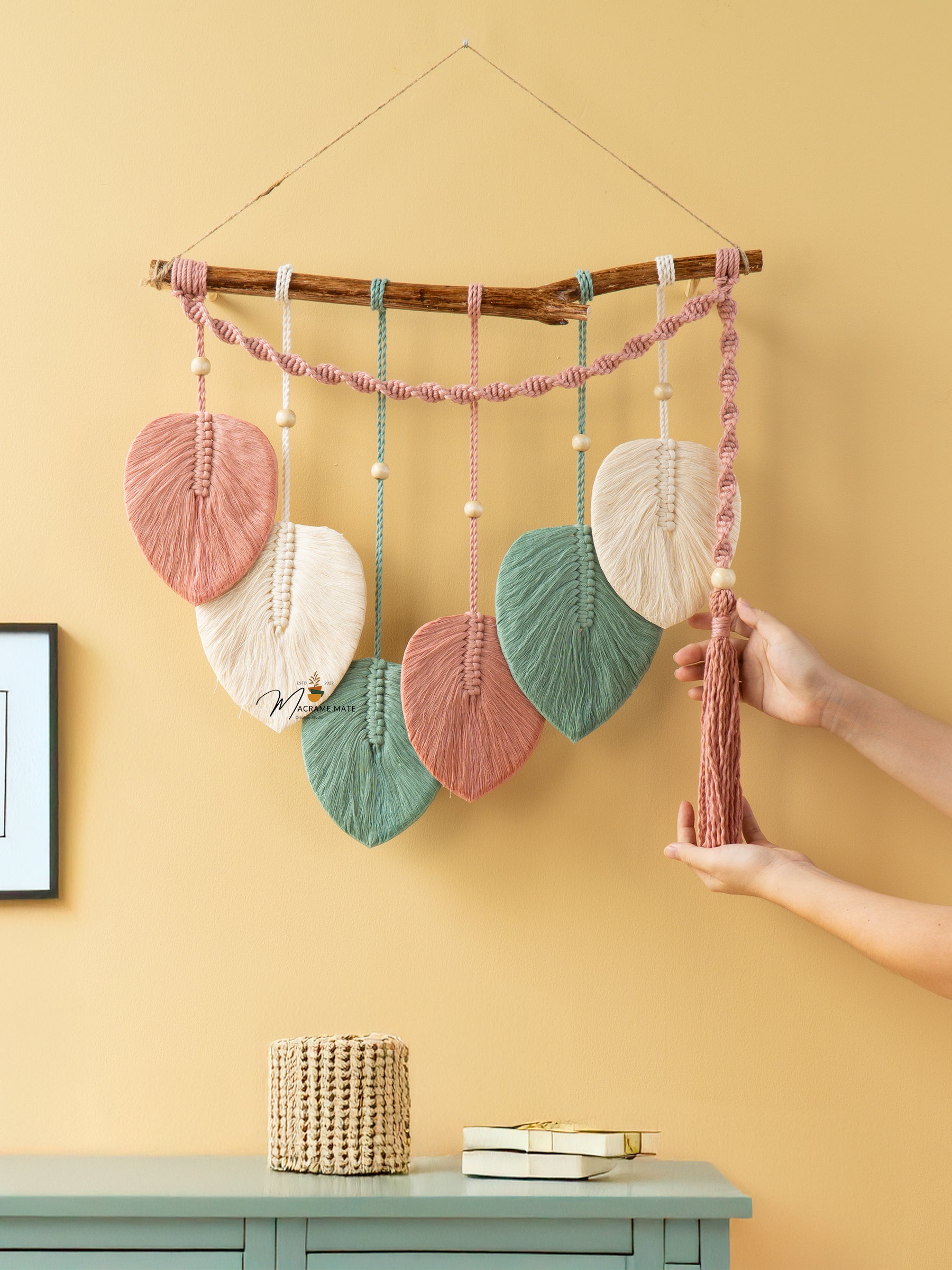 Macrame leaf wall decor, perfect for boho or neutral interiors    
