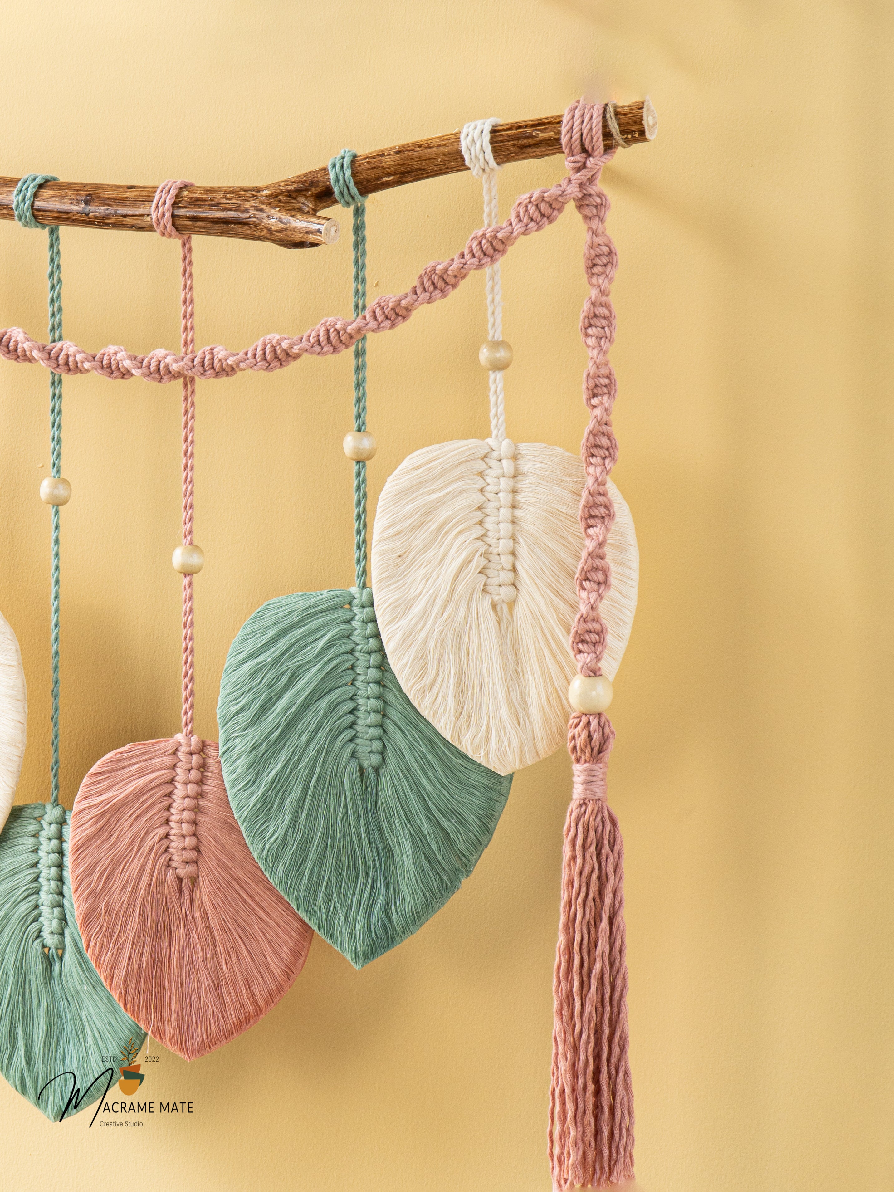 Macrame leaf wall hanging, ideal for boho or earthy decor    
