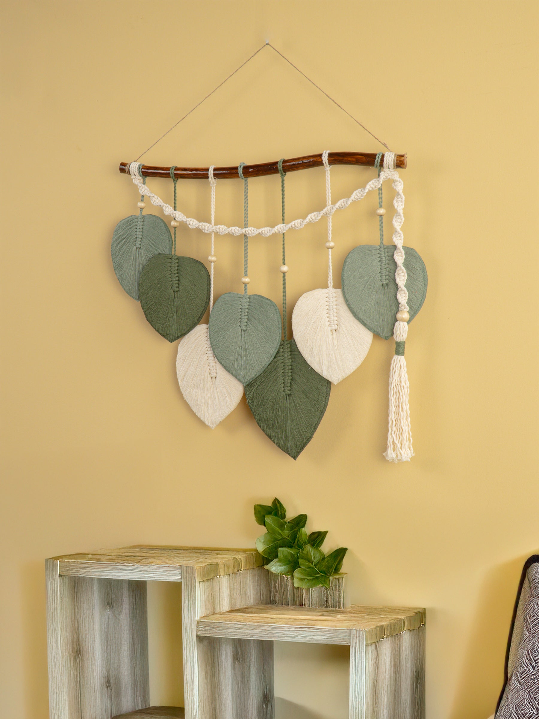 Natural macrame leaf hanging, perfect for simple home accents    
