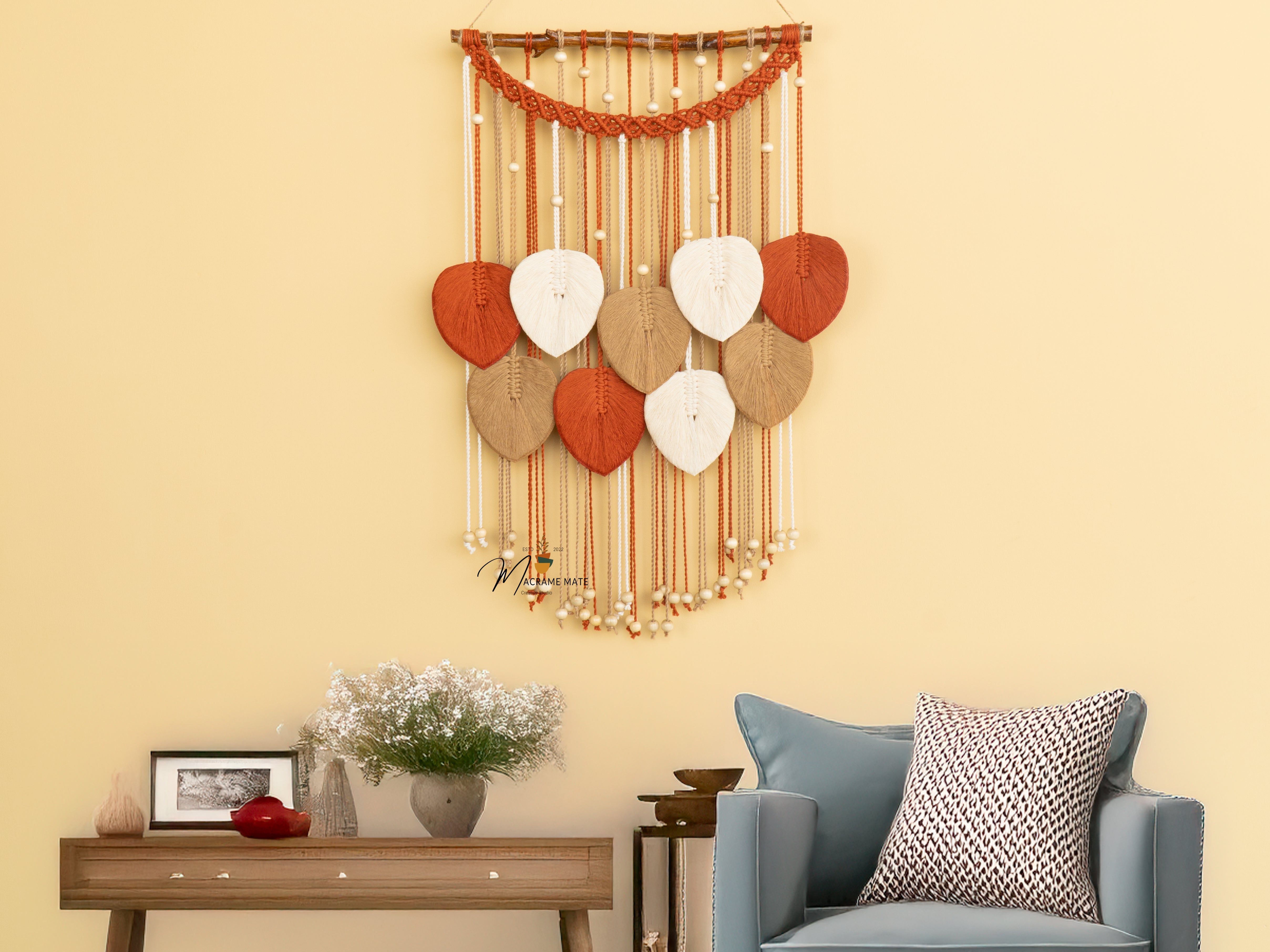 Boho macrame leaf wall decor, ideal for stylish and cozy rooms    
