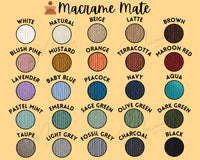 Color swatch chart for Macrame Mate with various yarn color options.