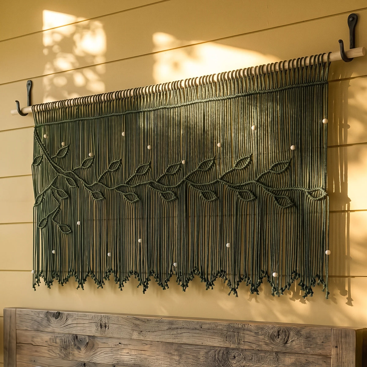 A cream macrame wall hanging with leafy vine patterns and hanging fringe, mounted on a wooden rod against a warm beige wall above a wooden console table.