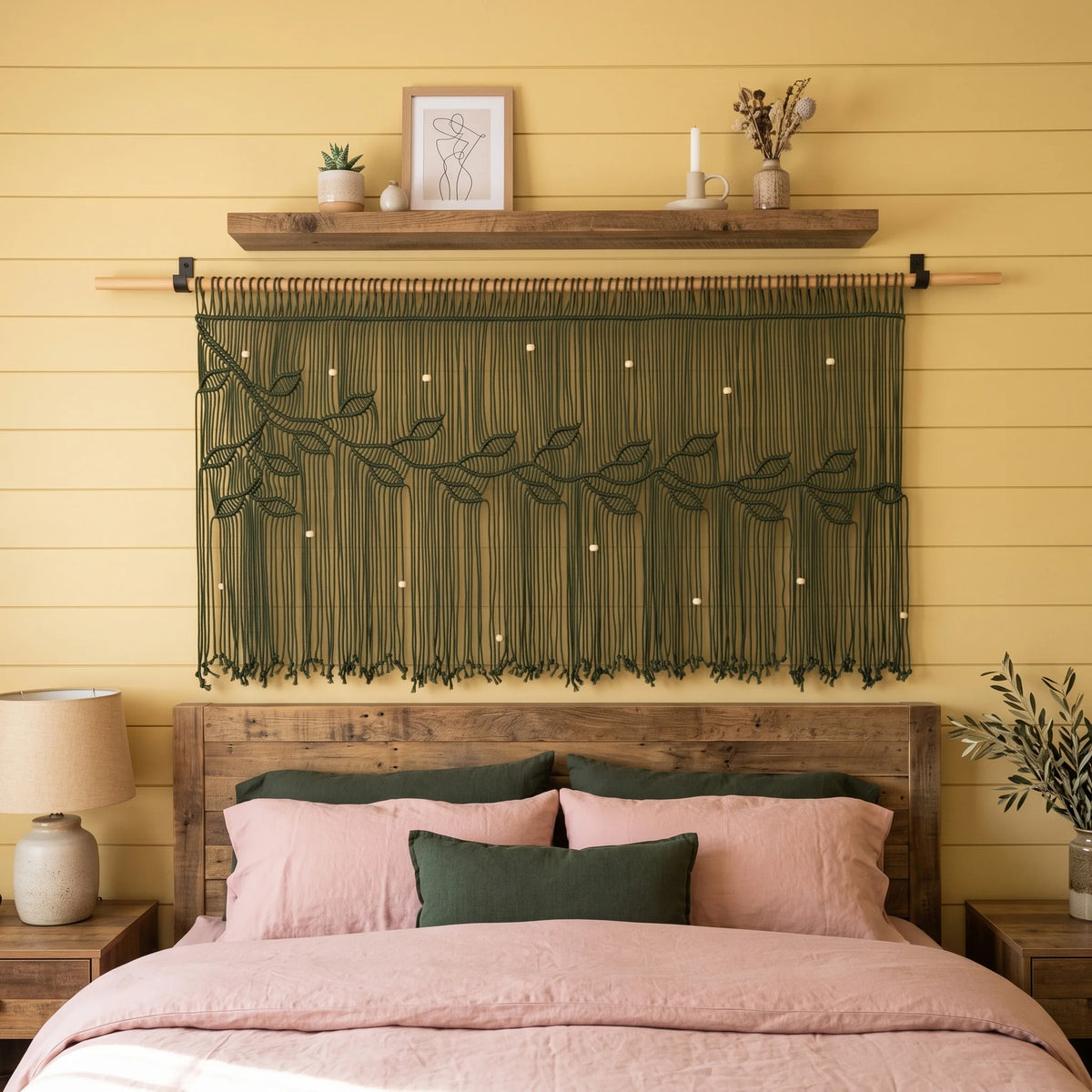 A cream macrame wall hanging with a leafy vine pattern suspended from a wooden rod above a bed in a bedroom with yellow paneled walls.